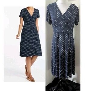 L L Bean Blue Polka Dot Dress Sz Large Petite Stretch Fluid Material Knee Length